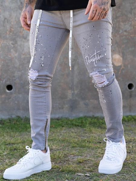 men's jeans embroider lndividual letters ripped skinny zipper stretch knee patch pencil pants biker jogging casual denim, Blue
men's jeans embroider lndividual letters ripped skinny zipper stretch knee patch pencil pants biker jogging casual denim, Blue