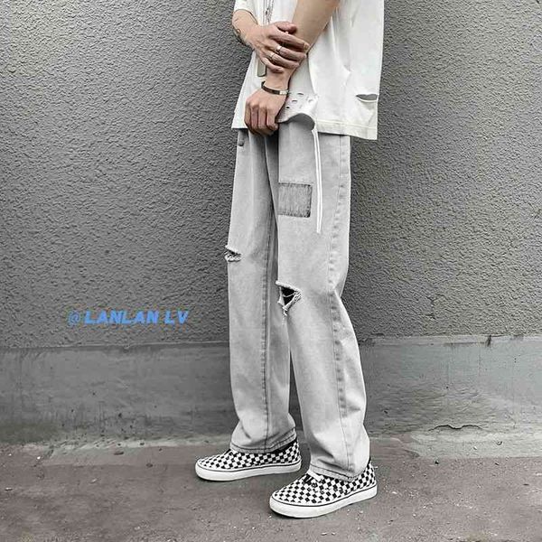 men's jeans ripped patch fashion casual wide-leg men streetwear loose hip-hop straight denim trousers mens -2xl 5ram, Blue 
men's jeans ripped patch fashion casual wide-leg men streetwear loose hip-hop straight denim trousers mens -2xl 5ram, Blue