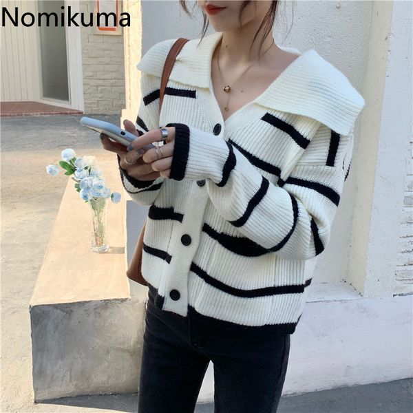 nomikuma contrast color striped sweater women single breasted long sleeve cropped cardigan turn down collar sueter mujer 3d809 210514, White;black 
nomikuma contrast color striped sweater women single breasted long sleeve cropped cardigan turn down collar sueter mujer 3d809 210514, White;black
