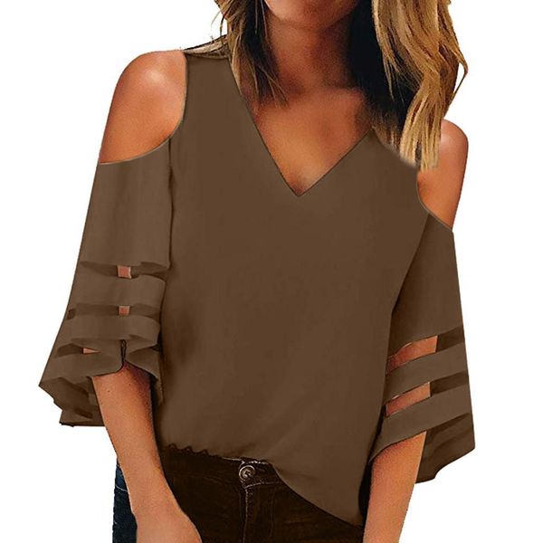 button v neck mesh panel womens t shirts solid color strapless shoulder 3 4 bell sleeve loose camiseta mujer, White
button v neck mesh panel womens t shirts solid color strapless shoulder 3 4 bell sleeve loose camiseta mujer, White