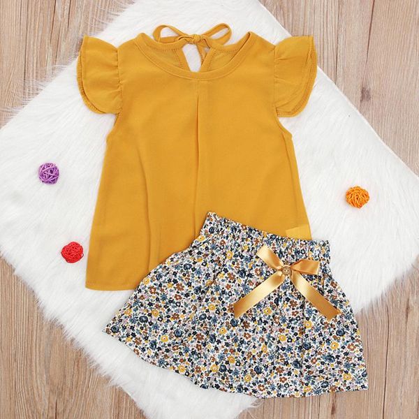 clothing sets summer kids baby girls ruffled solid color flying sleeve t-shirts + bowknot floral short skirt two piece set, White
clothing sets summer kids baby girls ruffled solid color flying sleeve t-shirts + bowknot floral short skirt two piece set, White
