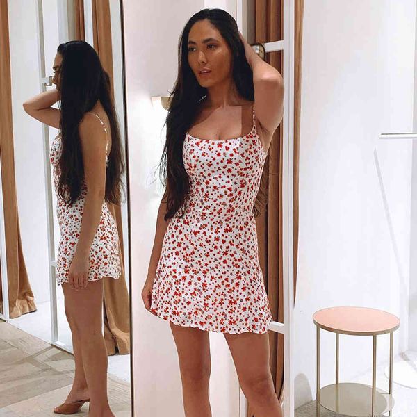 bohemian suspender 2021 slim summer dress french printed girl mini skirt, White;black
bohemian suspender 2021 slim summer dress french printed girl mini skirt, White;black