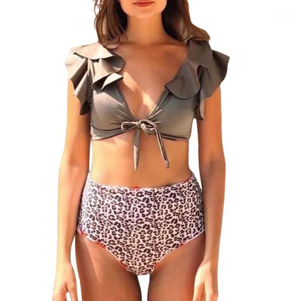 women's swimwear women two piece printed bikini swimsuit, deep v neck ruffle sleeve bra leopard swim panty, White;black
women's swimwear women two piece printed bikini swimsuit, deep v neck ruffle sleeve bra leopard swim panty, White;black