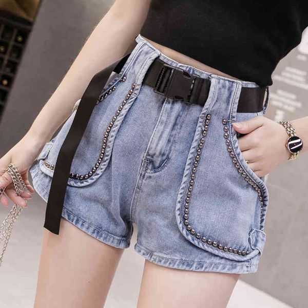 short casual 2021 female summer rivet denim high-waisted fashion streetwear women's short brim breeches black blue fitness shorts, White;black
short casual 2021 female summer rivet denim high-waisted fashion streetwear women's short brim breeches black blue fitness shorts, White;black