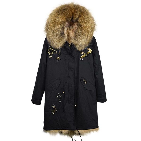 women's fur & faux stylish beading coat black long style parka with natural color lining for men and women
women's fur & faux stylish beading coat black long style parka with natural color lining for men and women