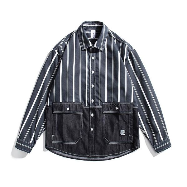 style shirt men denim splice stripe long sleeve male japan korea streetwear vintage loose casual couple men's shirts, White;black
style shirt men denim splice stripe long sleeve male japan korea streetwear vintage loose casual couple men's shirts, White;black
