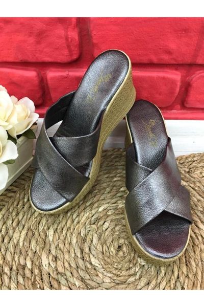 slippers -female 8 cm mesh pattern wedges cross break model anthracite, Black
