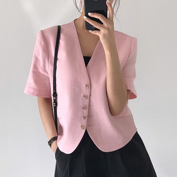 women's jackets korean chic summer temperament v-neck pink and white single-breasted loose versatile short-sleeved suit jacket, Black;brown 
women's jackets korean chic summer temperament v-neck pink and white single-breasted loose versatile short-sleeved suit jacket, Black;brown