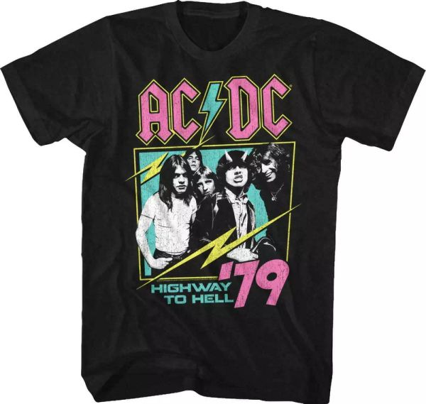 ACDC Neon Highway To Hell T Shirt Mens Licensed Rock N Roll Tee Retro New Black, White;black