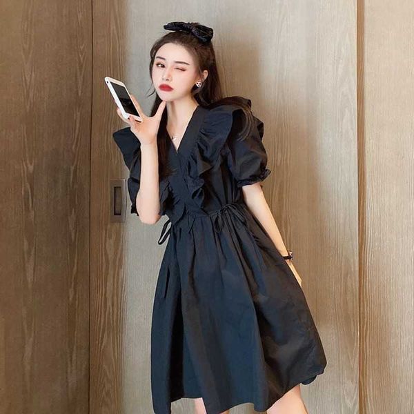 summer v neck short sleeve ruffles black dress women loose casual slim waist fashion white knee length simple retro wild 210610, Black;gray
summer v neck short sleeve ruffles black dress women loose casual slim waist fashion white knee length simple retro wild 210610, Black;gray