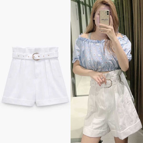 za summer white paperbag shorts women high waist pleated belt shorts fashion front welt pockets woman vintage short pants 210602, White;black
za summer white paperbag shorts women high waist pleated belt shorts fashion front welt pockets woman vintage short pants 210602, White;black