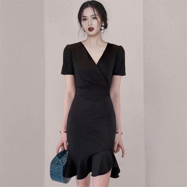 vintage black short sleeve ruffles mermaid dress summer elegant v-neck office ol slim party vestidos 210519, Black;gray
vintage black short sleeve ruffles mermaid dress summer elegant v-neck office ol slim party vestidos 210519, Black;gray