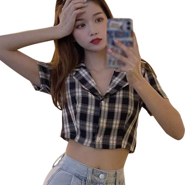 women's blouses & shirts fashion plaid short ladies notched exposed navel casual sleeve blouse, White
women's blouses & shirts fashion plaid short ladies notched exposed navel casual sleeve blouse, White