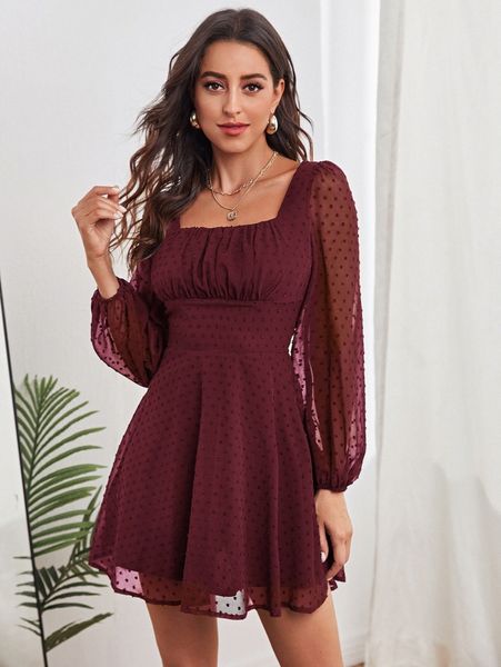 ruched bust lantern sleeve swiss dot dress r84k#, Black;gray
