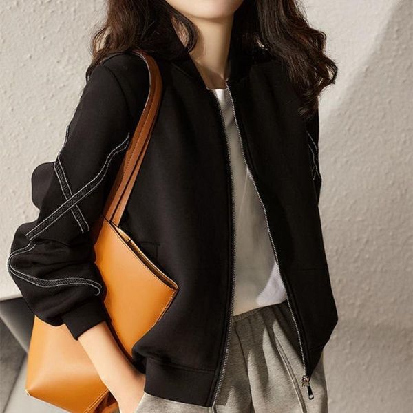 women's jackets design sense cross stripe long sleeve jacket stand collar baseball dress spring autumn black short coat women woman, Black;brown
women's jackets design sense cross stripe long sleeve jacket stand collar baseball dress spring autumn black short coat women woman, Black;brown