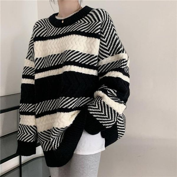 women's sweaters 2021 striped sweater women autumn and winter loose round neck long-sleeved pullover knit jacket all-match casual, White;black
women's sweaters 2021 striped sweater women autumn and winter loose round neck long-sleeved pullover knit jacket all-match casual, White;black