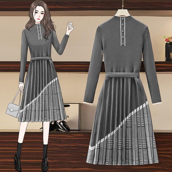 casual dresses women clothes elegant knitted sweater dress pleated slim elastic patchwork turtleneck vestidos plus size 4xl, Black;gray 
casual dresses women clothes elegant knitted sweater dress pleated slim elastic patchwork turtleneck vestidos plus size 4xl, Black;gray