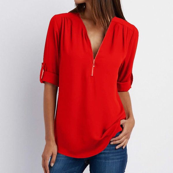 women's blouses & shirts zipper short sleeve women 2021 v neck solid womens and casual tee female clothes, White
women's blouses & shirts zipper short sleeve women 2021 v neck solid womens and casual tee female clothes, White