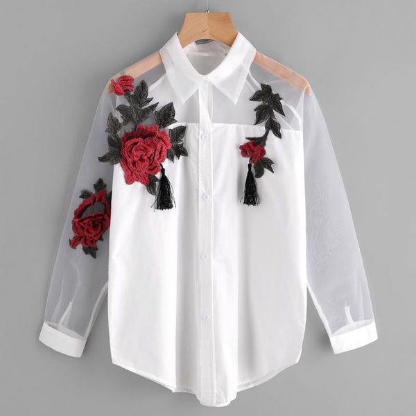 women's blouses & shirts women embroidery blouse autumn casual long sleeve lapel embroidered flower tassel detail shirt with sheer mesh, White
women's blouses & shirts women embroidery blouse autumn casual long sleeve lapel embroidered flower tassel detail shirt with sheer mesh, White