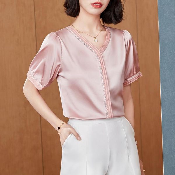 women's blouses & shirts summer korean fashion satin women bow office lady short sleeve lace button up shirt black pink ladies, White
women's blouses & shirts summer korean fashion satin women bow office lady short sleeve lace button up shirt black pink ladies, White