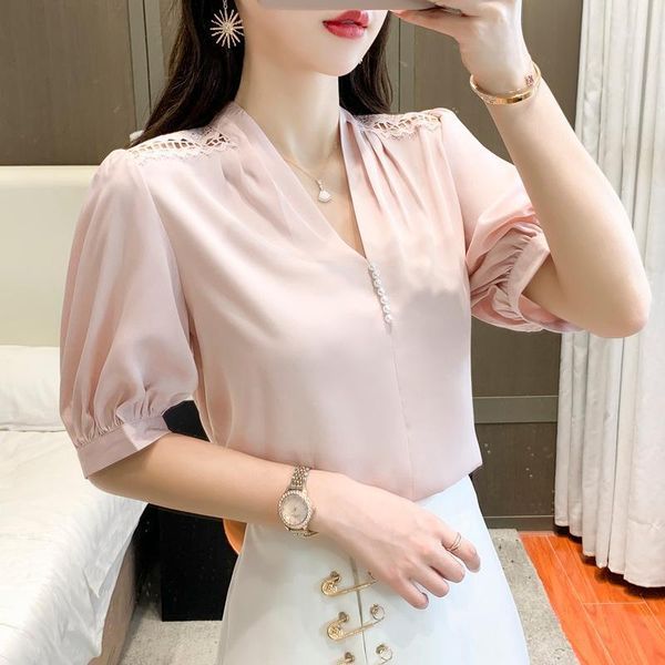 women's blouses & shirts chiffon slim casual blouse solid color beaded v-neck pullover shirt summer fashion short sleeve 30034, White
women's blouses & shirts chiffon slim casual blouse solid color beaded v-neck pullover shirt summer fashion short sleeve 30034, White