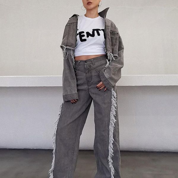 women's two piece pants tassel patchwork casual denim set tide fashion style turn down collar long sleeve loose personality lady's, White
women's two piece pants tassel patchwork casual denim set tide fashion style turn down collar long sleeve loose personality lady's, White