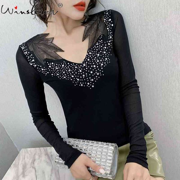 women's t-shirt autumn winter european clothes t-shirt fashion v-neck mesh diamonds women patch ropa mujer all match tee, White
women's t-shirt autumn winter european clothes t-shirt fashion v-neck mesh diamonds women patch ropa mujer all match tee, White