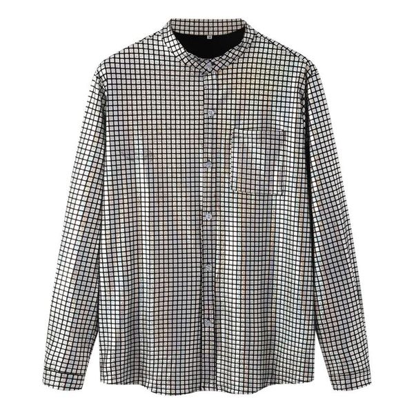 men's casual shirts plaid print bright surface social shirt long sleeve loose pocket stand collar male clothing, White;black
men's casual shirts plaid print bright surface social shirt long sleeve loose pocket stand collar male clothing, White;black