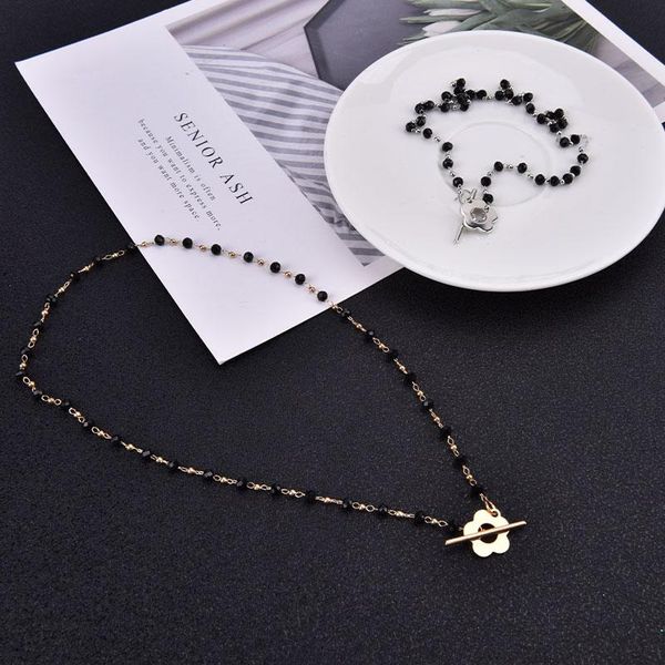 chokers black crystal glass bead necklace for women flower lariat lock chain choker collar jewelry party charm, Golden;silver