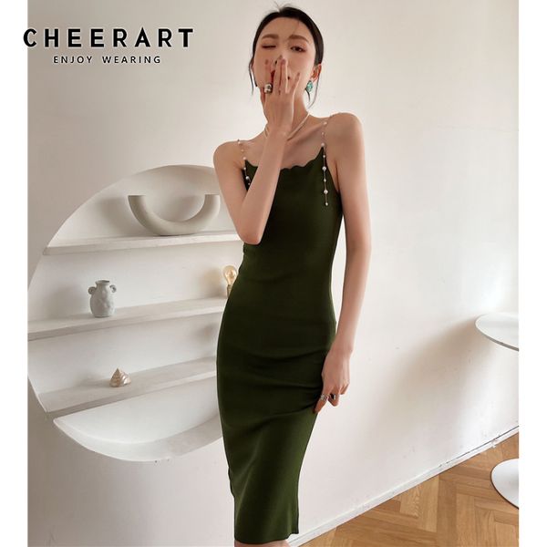 green tight knitted dress women backless bodycon pearl spaghetti strap cami tunic knee length ladies korean 210427, Black;gray
green tight knitted dress women backless bodycon pearl spaghetti strap cami tunic knee length ladies korean 210427, Black;gray