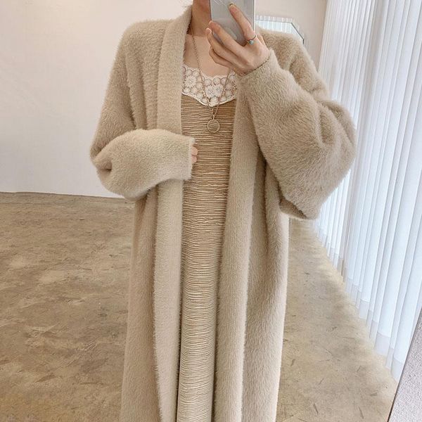 women's wool & blends the autumn and winter 2021 imitation mink leather cardigan jacket one-piece korean elegant loose long sleeve midi, Black
women's wool & blends the autumn and winter 2021 imitation mink leather cardigan jacket one-piece korean elegant loose long sleeve midi, Black
