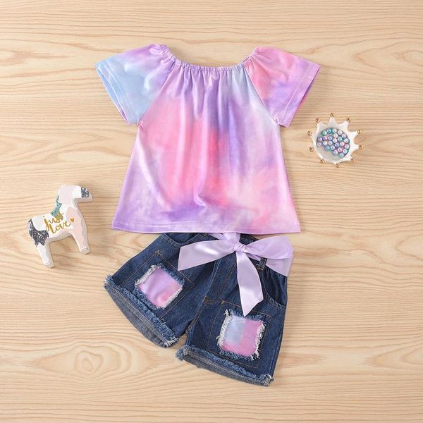 clothing sets #vw girls cute summer tie-dye short sleeve o-neck t shirt bowknot pocket denim shorts outfits fashion set pour enfants, White 
clothing sets #vw girls cute summer tie-dye short sleeve o-neck t shirt bowknot pocket denim shorts outfits fashion set pour enfants, White