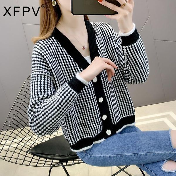 women's knits & tees xfpv 2021 spring autumn fashion short plaid retro long sleeve v neck knitted cardigan women clothing sweater coat, White
women's knits & tees xfpv 2021 spring autumn fashion short plaid retro long sleeve v neck knitted cardigan women clothing sweater coat, White