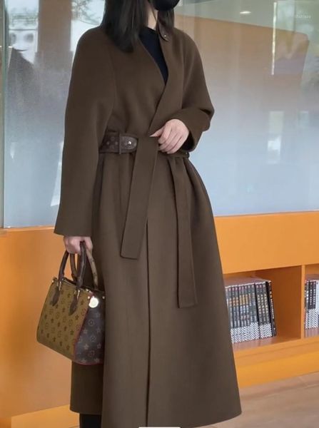 women's wool & blends autumn and winter 2021 european v-neck double-sided cashmere coat medium long lace up splicing belt, Black
women's wool & blends autumn and winter 2021 european v-neck double-sided cashmere coat medium long lace up splicing belt, Black