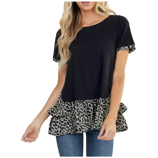 for 2021 summer t-shirt print casual women's round neck ruffle leopard stitching black short-sleeved #g30, White
for 2021 summer t-shirt print casual women's round neck ruffle leopard stitching black short-sleeved #g30, White
