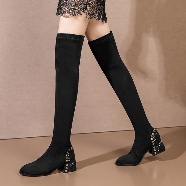 boots metal decoration over the knee kis suede genuine leather med heels shoes woman night club slim long, Black
boots metal decoration over the knee kis suede genuine leather med heels shoes woman night club slim long, Black