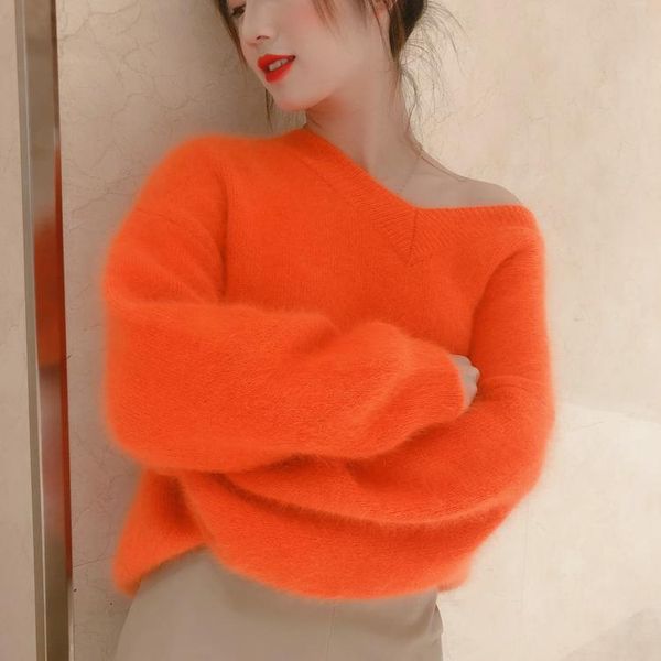 women's sweaters winter warm long hair 100% soft natural mink cashmere sweater women autumn pullovers v neck jns012, White;black
women's sweaters winter warm long hair 100% soft natural mink cashmere sweater women autumn pullovers v neck jns012, White;black