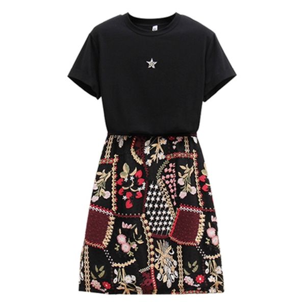 two piece dress in 2021, women's embroidered two-piece black cotton t-shirt stars and diamonds, White
two piece dress in 2021, women's embroidered two-piece black cotton t-shirt stars and diamonds, White