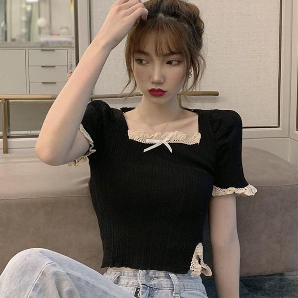women's t-shirt korean square neck puff sleeve crop short t shirts cropped lace stitching slim fit knitted women, White
women's t-shirt korean square neck puff sleeve crop short t shirts cropped lace stitching slim fit knitted women, White