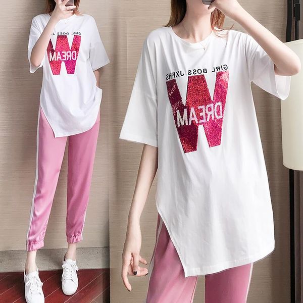 pink two piece set 2021 summer two-piece women's embroidered t-shirt ankle-length pants and dress, White
pink two piece set 2021 summer two-piece women's embroidered t-shirt ankle-length pants and dress, White