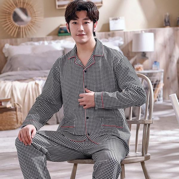 men's sleepwear winter cotton pajamas set korean black and white plaid pants casual button cardigan home suit male plus size, Black;brown
men's sleepwear winter cotton pajamas set korean black and white plaid pants casual button cardigan home suit male plus size, Black;brown