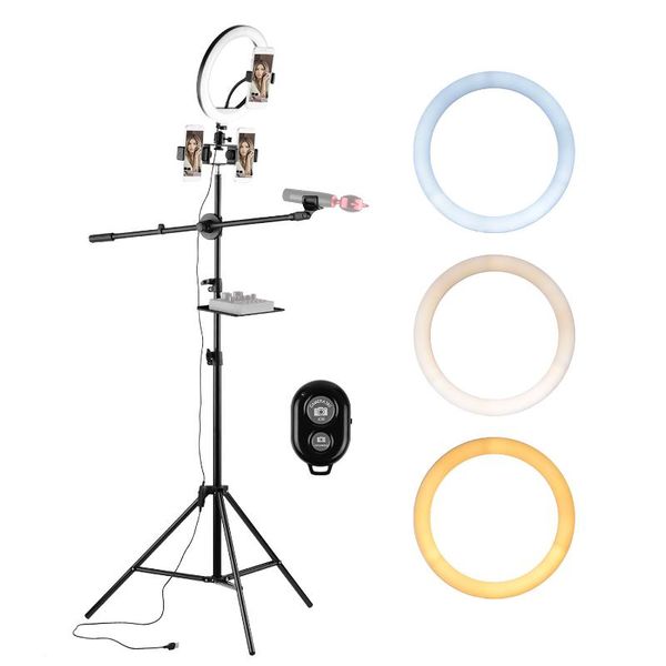 10inch/26cm ring light kit 3 color 10-level dimmable 3200-5600k with ball head triple phone holders mic boom arm remote shutter flash heads
10inch/26cm ring light kit 3 color 10-level dimmable 3200-5600k with ball head triple phone holders mic boom arm remote shutter flash heads
