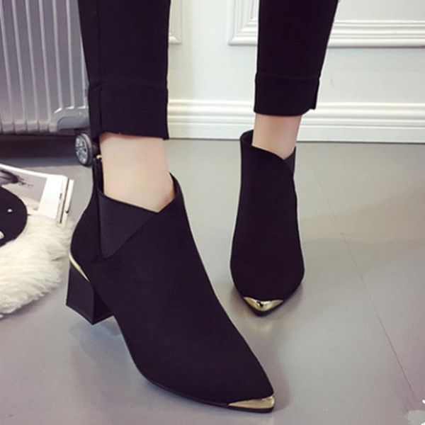 boots autumn and winter women's fashion metal pointed toe mid-heel ankle boots, thick sole nude all-match, Black
boots autumn and winter women's fashion metal pointed toe mid-heel ankle boots, thick sole nude all-match, Black