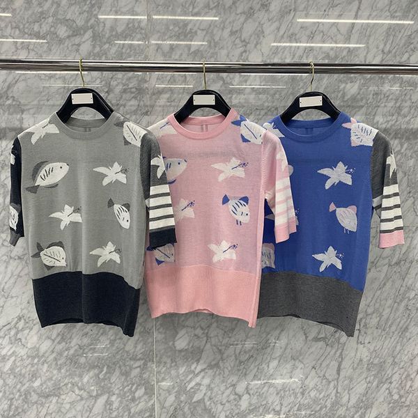 2021 summer new tb four bar striped butterfly fish pattern slim fit knitted short sleeve women's fashion, White 
2021 summer new tb four bar striped butterfly fish pattern slim fit knitted short sleeve women's fashion, White