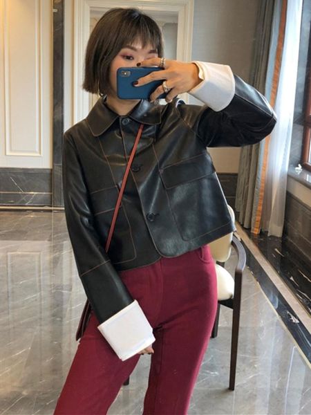 women's leather & faux european style women short jacket white edge imitation fashion loose ladies coat female long sleeve outwear casu, Black
women's leather & faux european style women short jacket white edge imitation fashion loose ladies coat female long sleeve outwear casu, Black