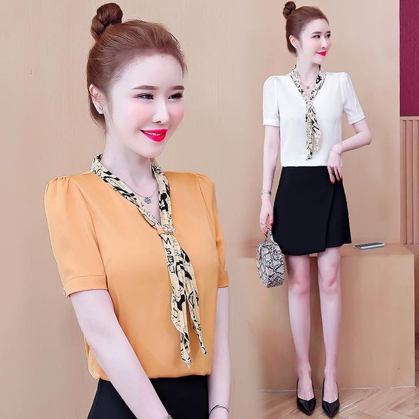women's blouses & shirts v-neck women blouse short sleeve print fashion shirt satin loose casual bow lady blusas 10069, White
women's blouses & shirts v-neck women blouse short sleeve print fashion shirt satin loose casual bow lady blusas 10069, White