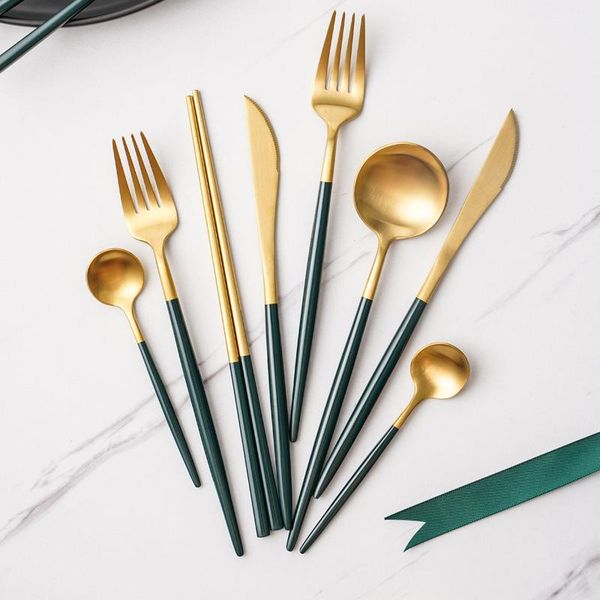 matte gold cutlery sets 18/10 stainless steel kitchen dinnerware set spoon fork knife chopsticks green flatware tableware
matte gold cutlery sets 18/10 stainless steel kitchen dinnerware set spoon fork knife chopsticks green flatware tableware