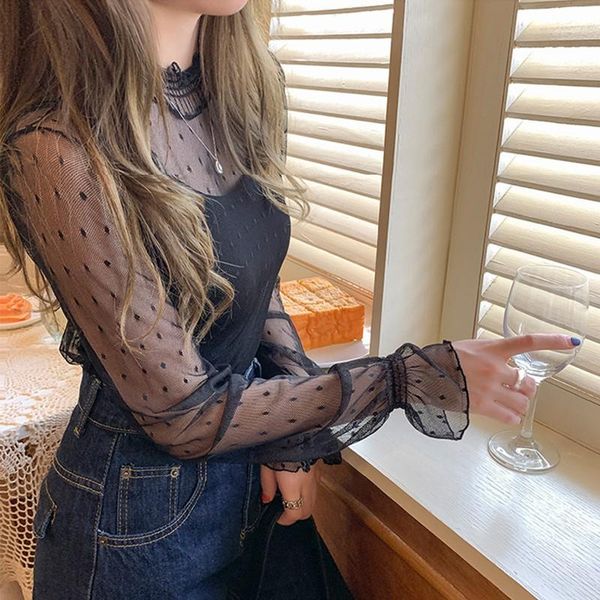 women's t-shirt transparent ladies lace polka dot long sleeve spring and summer hollow elegant office lady white sundress
women's t-shirt transparent ladies lace polka dot long sleeve spring and summer hollow elegant office lady white sundress