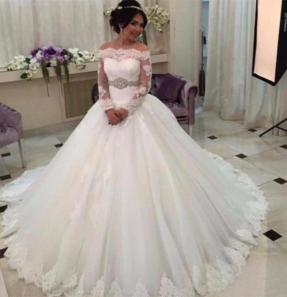 other wedding dresses boat neck luxury long sleeve lace bride dress beading belt wed saudi arabia off the shoulder ball gowns, White
other wedding dresses boat neck luxury long sleeve lace bride dress beading belt wed saudi arabia off the shoulder ball gowns, White