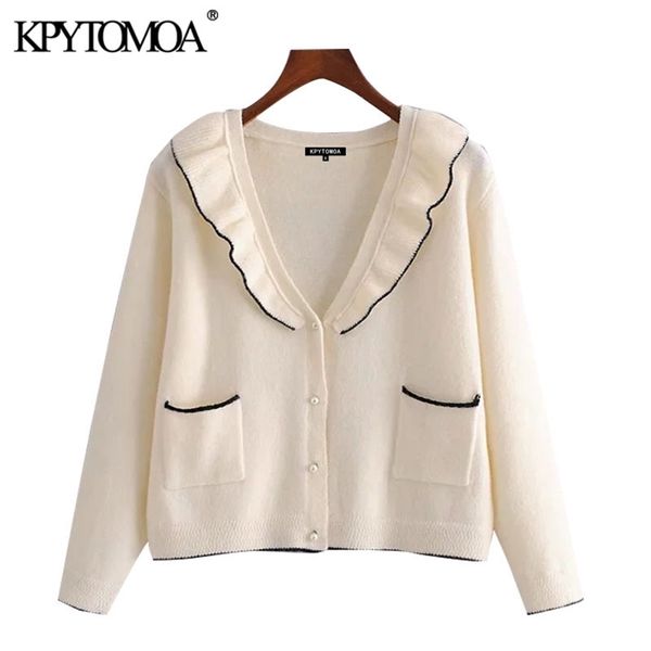 women sweet fashion ruffled cropped knitted cardigan sweater long sleeve pocket female outerwear chic 210420, White;black
women sweet fashion ruffled cropped knitted cardigan sweater long sleeve pocket female outerwear chic 210420, White;black